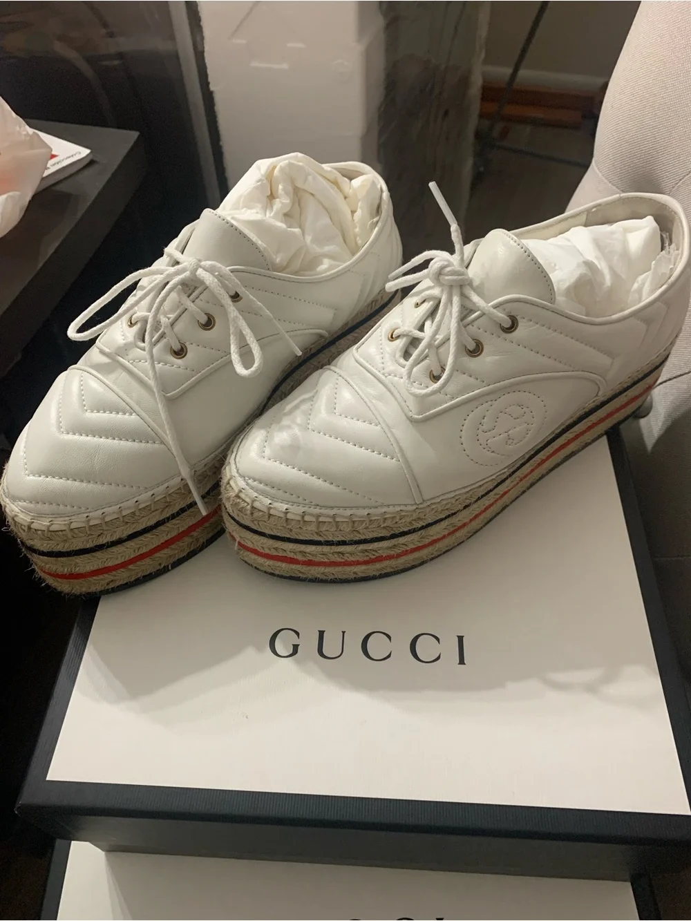 Gucci White Leather Platform Espadrille Sneakers with Red and Blue Stripe